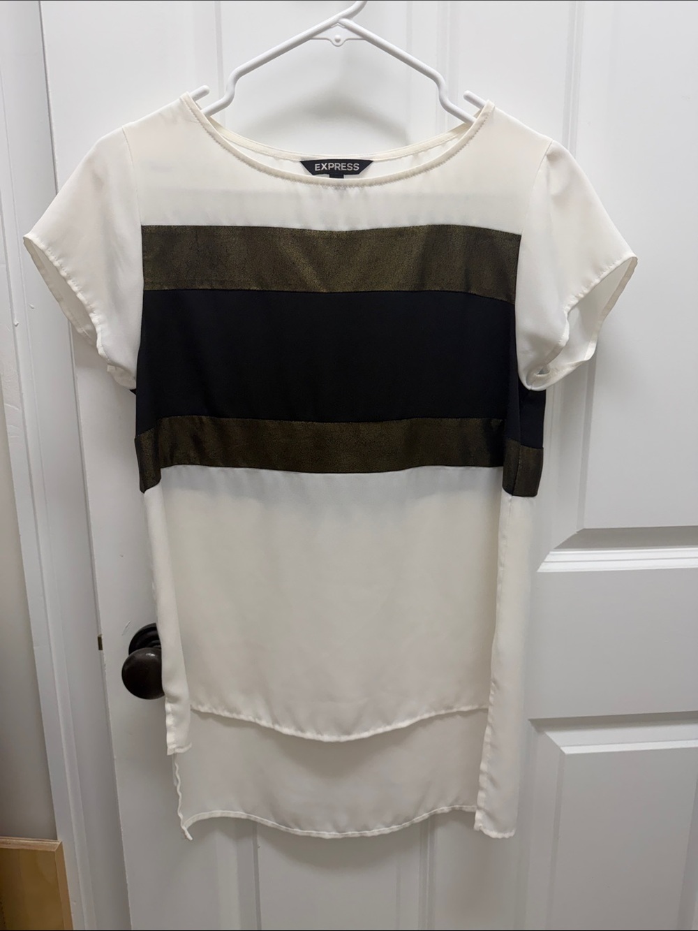 Express Two-Tone Cream Blouse with Black and Olive Stripes